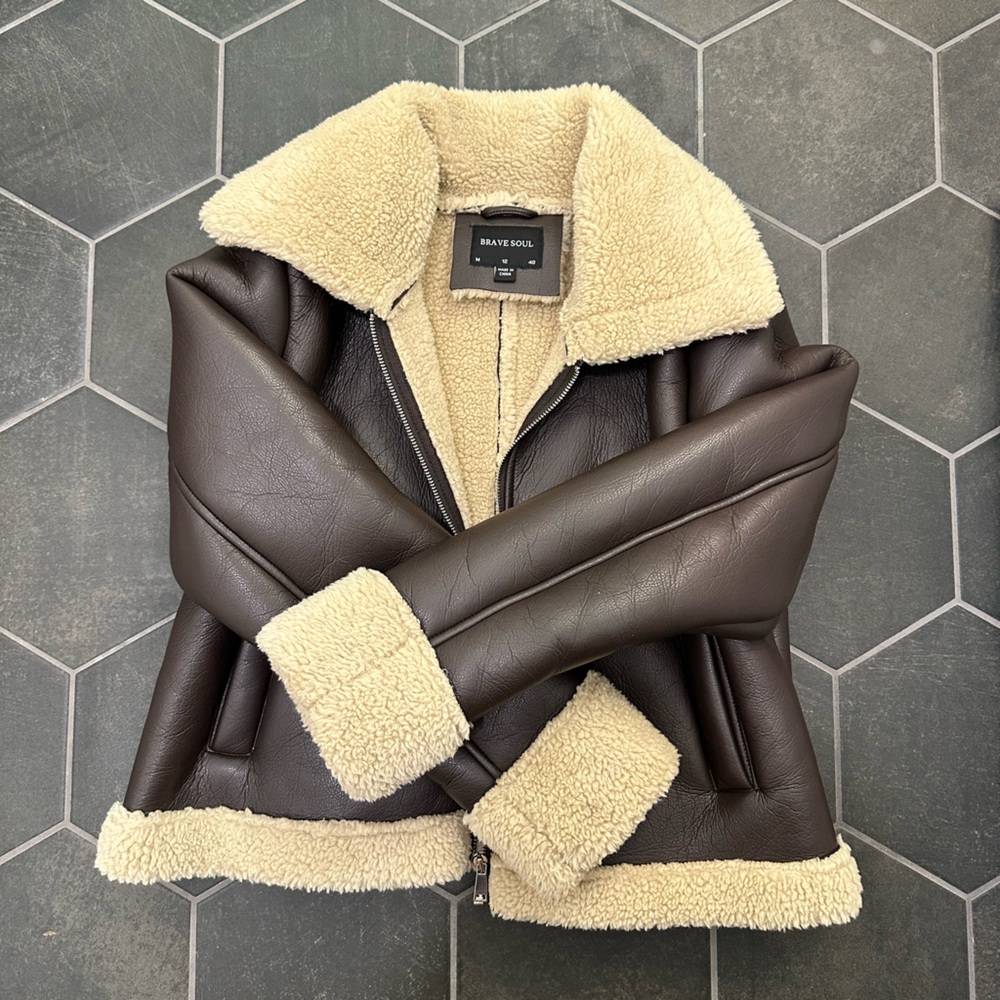 Brave Soul Brown Faux Leather Jacket with fur lining